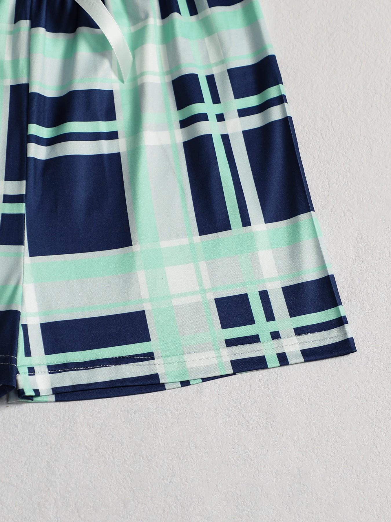 Summer Women's Sleepwear Set, Sleeveless Letter Print Plaid Shorts, Bowknot Decoration, Elegant Wearable Pajamas, Limited Edition