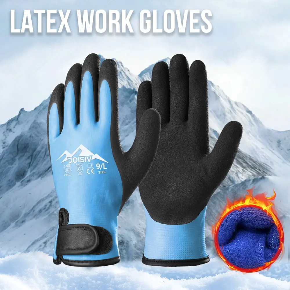 2 Pair Winter Thermal Work Gloves, Fleece Liner, Warm Insulated, Latex Double Coated, Adjustable Strap, Blue, Ideal for Outdoor Activities