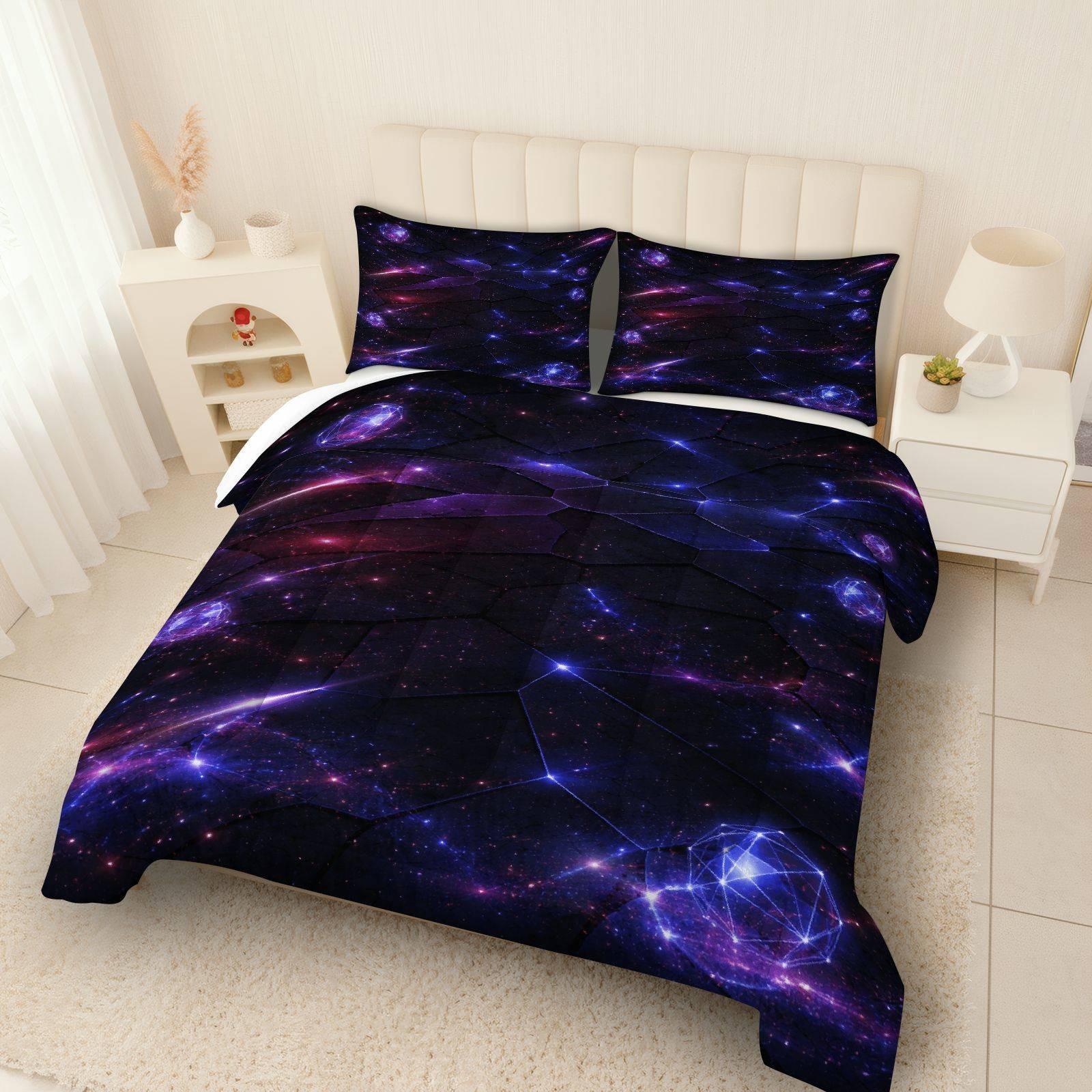 Galaxy Starry Sky Bedding Set, Soft Breathable Polyester, Includes 1 Quilt and 2 Pillowcases, Universe Theme