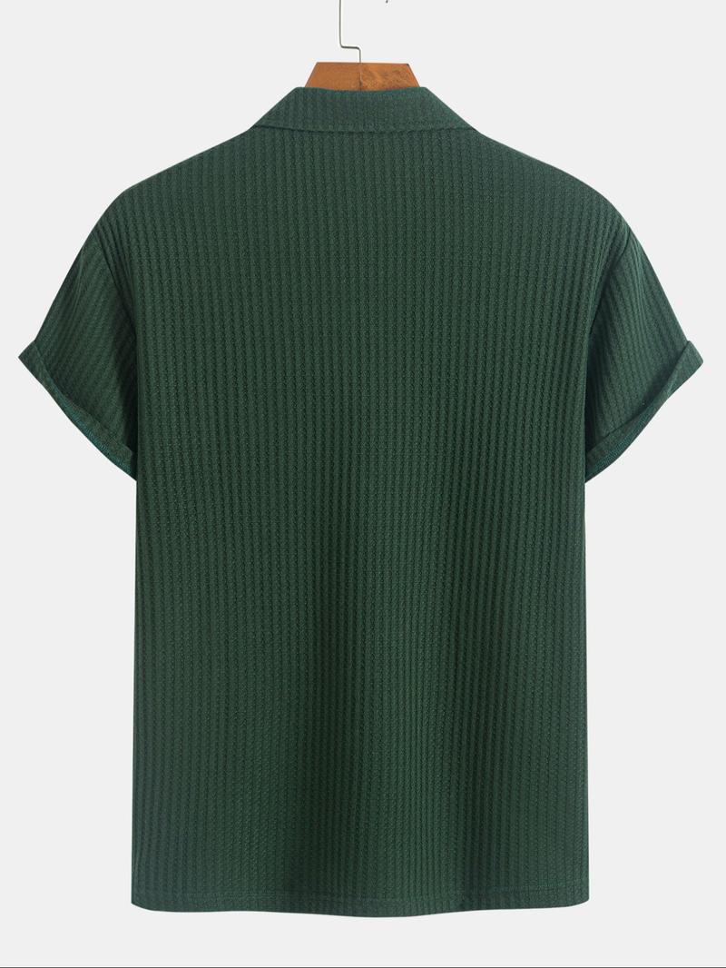 Men's Solid Ribbed Short Sleeve Knitted Polo Shirt, Solid Zipper Polo, Regular Fit Casual Breathable Comfy Top for Summer, Men's Clothes for Daily Wear