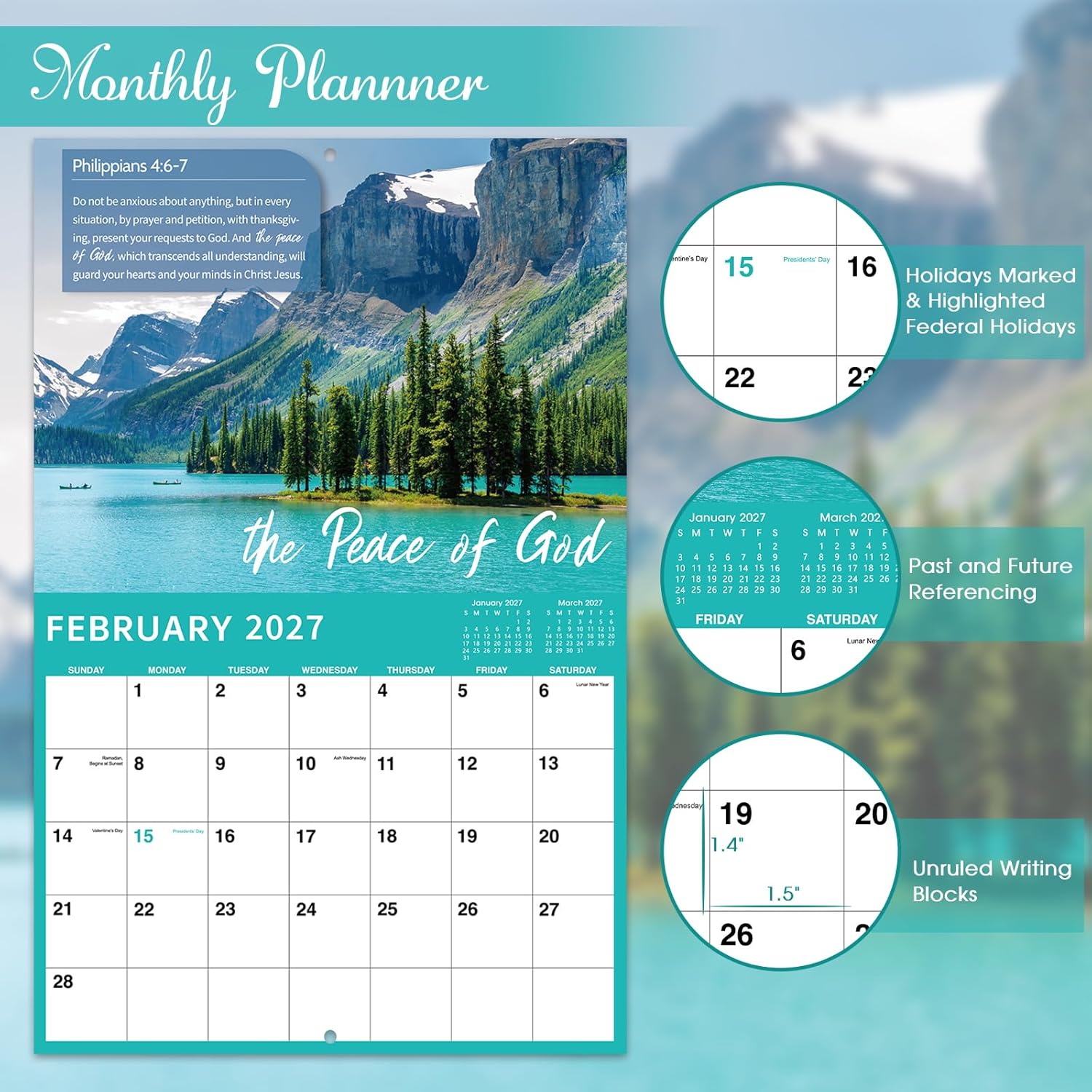 Wall Calendar 2026-2027 - 2026-2027  Verse Calendar, 18 Monthly Wall Calendars, Jul. 2026 - Dec. 2027, 11" x 8.5", Wall Calendar 2026-2027 with Unruled Blocks and Thick Glossy Paper,  Quotes