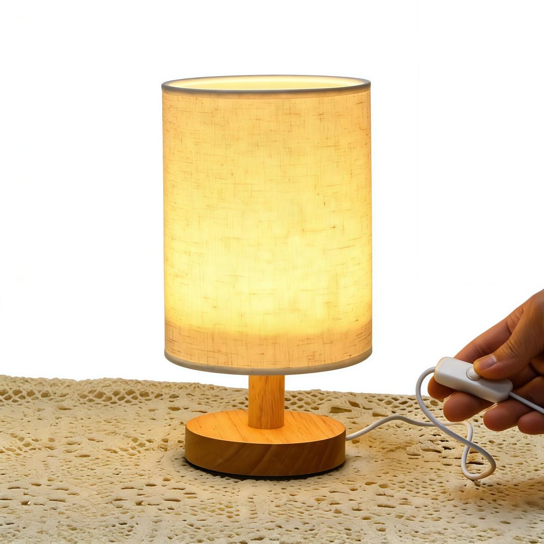 USB Bedroom Night Light, Linen Shade, Wooden Base, LED Lamp, Tabletop Installation, Ideal for Reading, Living Room, Office