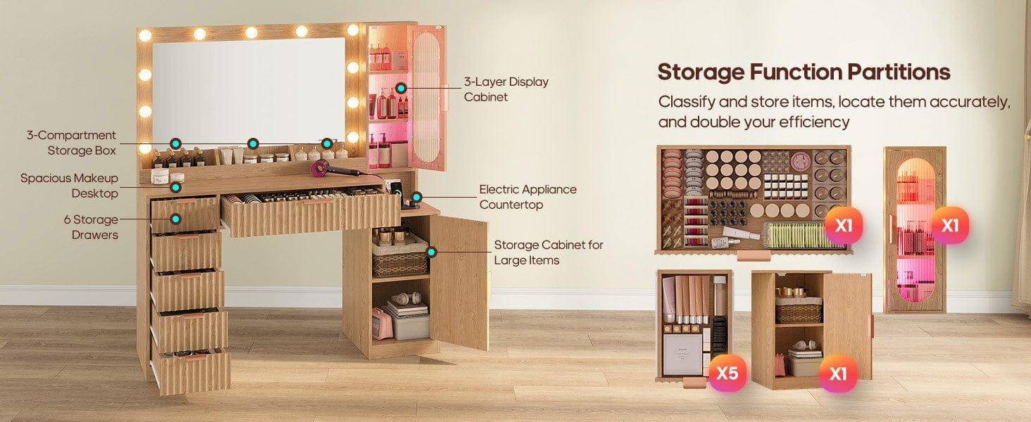 Sikaic Fluted Makeup Vanity with Charging Station and RGB Lights Oak Modern Dressing Table with 31.5" Mirror, 6 Drawers, Cabinet and Shelves