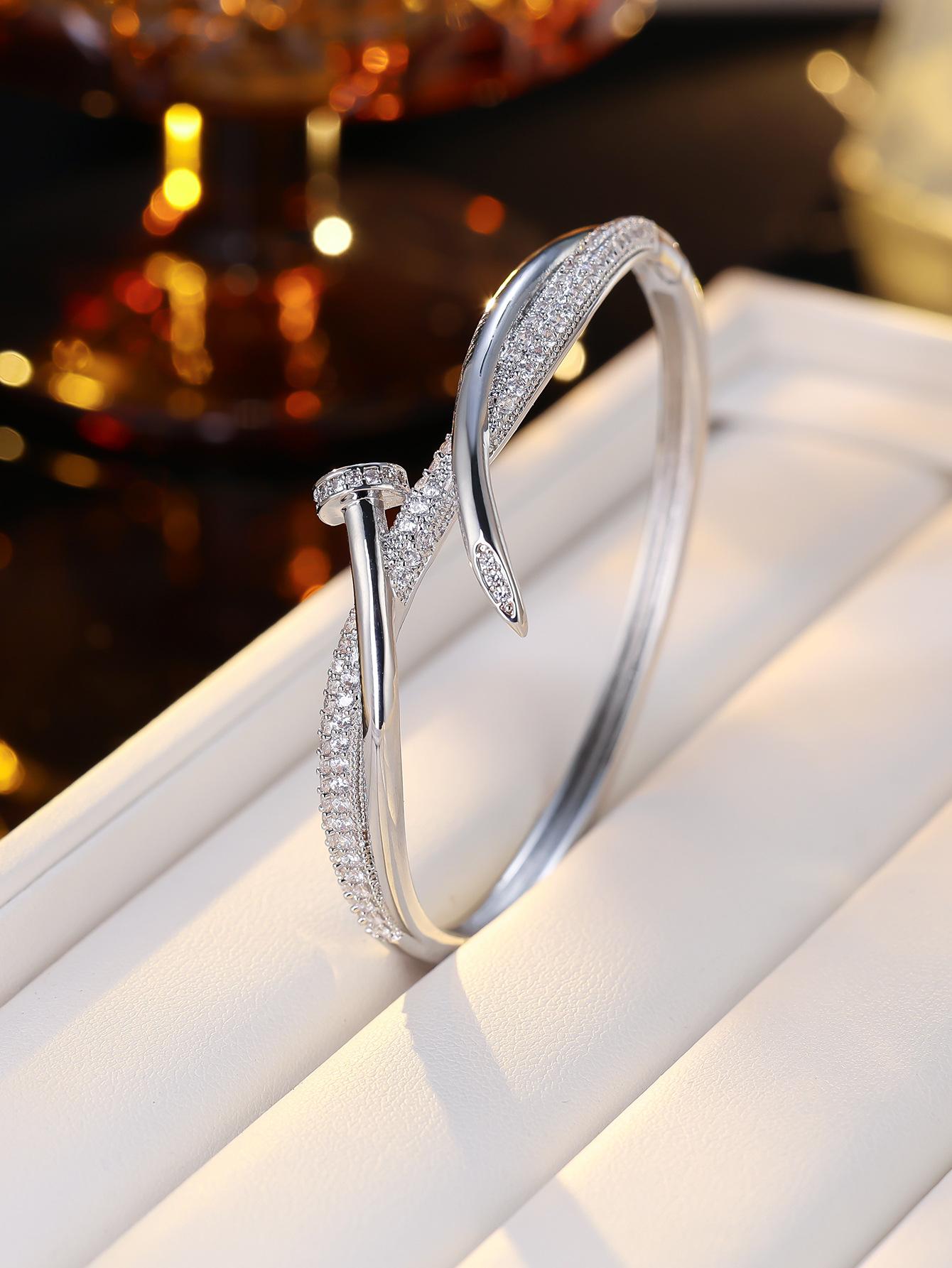 Luxury Micro‑Paved Zircon 18K Gold‑Plated Nail Bangle For Women, Minimalist Luxury Unique Designer Bracelet