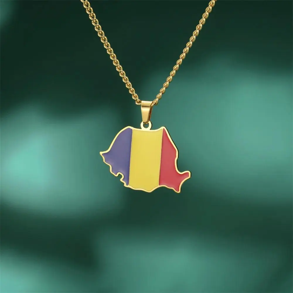 EUEAVAN Enamel Romania Map Necklace Women Men Stainless Steel Trendy Romanian Flag Pendant Chains Choker Ethnic Jewelry Gifts