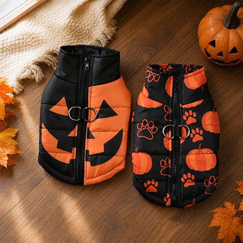 Autumn Winter Pet Halloween Cotton Vest, Pumpkin Paw Print Spider Web Waterproof Jacket, Zipper Comfortable Dog Coat, Dachshund Clothes