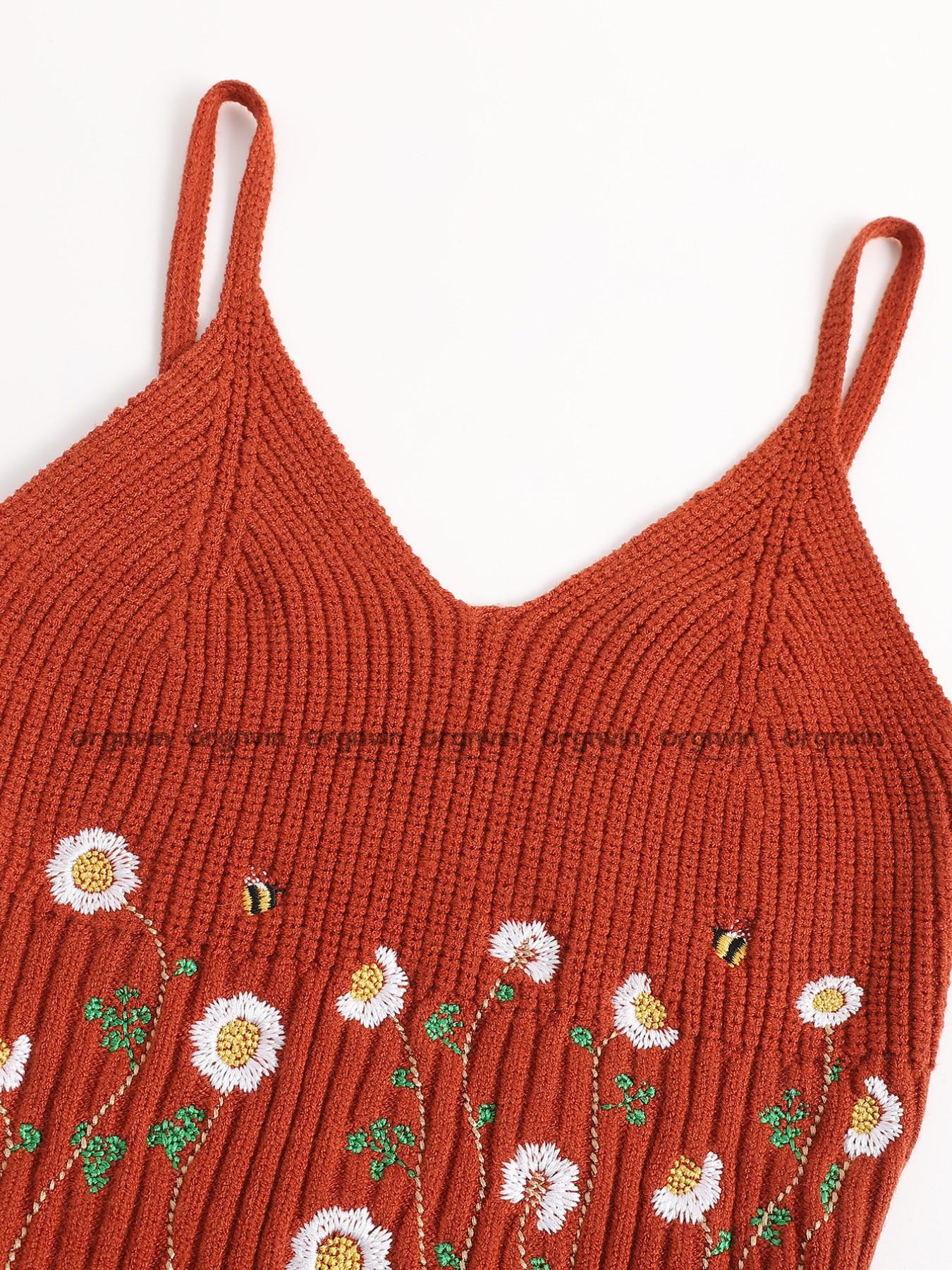 Women's Floral Embroidery Crop Sweater Vest, Boho Sleeveless Spaghetti Strap Knit Top for Daily Wear, Ladies Clothes for All Seasons, Floral Embroidery Cami