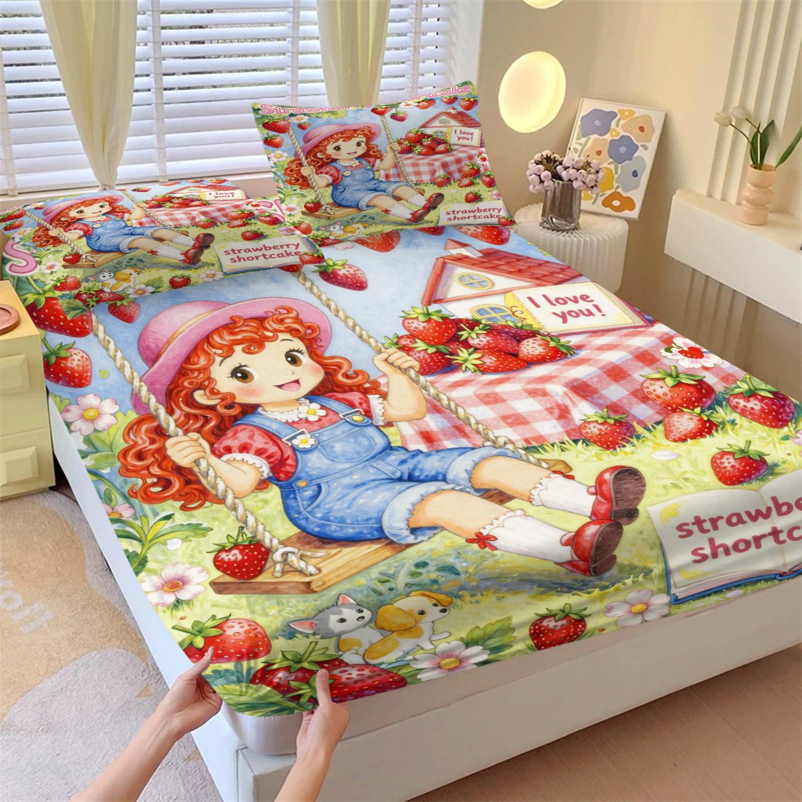 Strawberry Shortcake Gingham Fitted Sheet Set, 1 Fitted Sheet + 2 Pillowcases - 3 Pcs Soft Breathable Bedding with Deep Pocket, 360° All-Round Wrap, Wrinkle Resistant, Cute Strawberry Cartoon Bed Sheets for Girls Bedroom Decor, Full Size