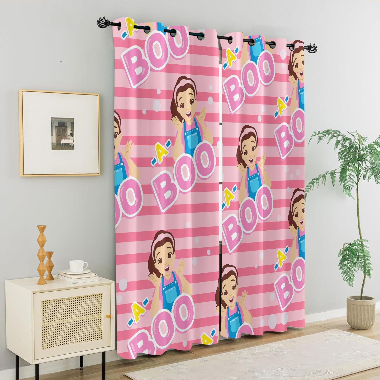 Pink Striped Peek-A-Boo Cartoon Character Blackout Curtain 2Pcs/Set, No Drill Rings, Washable Polyester Fabric, Suitable for Bedroom Living Room Kids Room Decor, Insulation, UV Protection, Best Gift