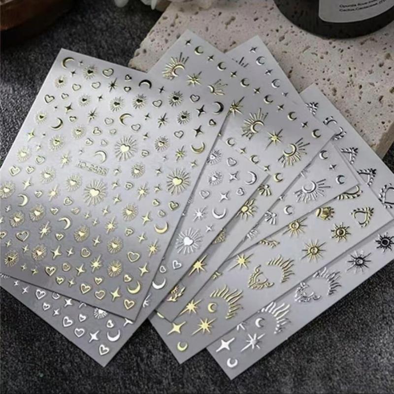 3D Star & Moon & Heart Pattern Nail Art Sticker, 6 Sheets Self Adhesive Nail Decal, French Nail Art Decoration for Women & Girls