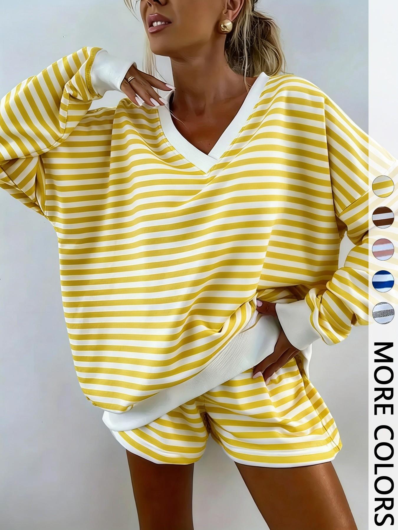Women's Striped Print Long Sleeve Tee & High Waist Shorts Two-piece Set, Casual Round Neck Top & Shorts for Spring & Fall, Women's Clothes for Daily Wear