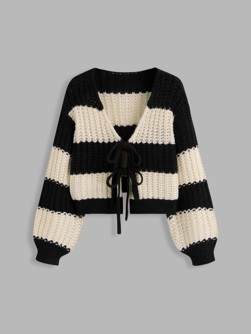 Women's Loose-Fit Striped Colorblock V Neck Sweater, Casual Long Sleeve Drop Shoulder Cardigan for Spring & Fall, Ladies Fashion Outerwear Knitwear