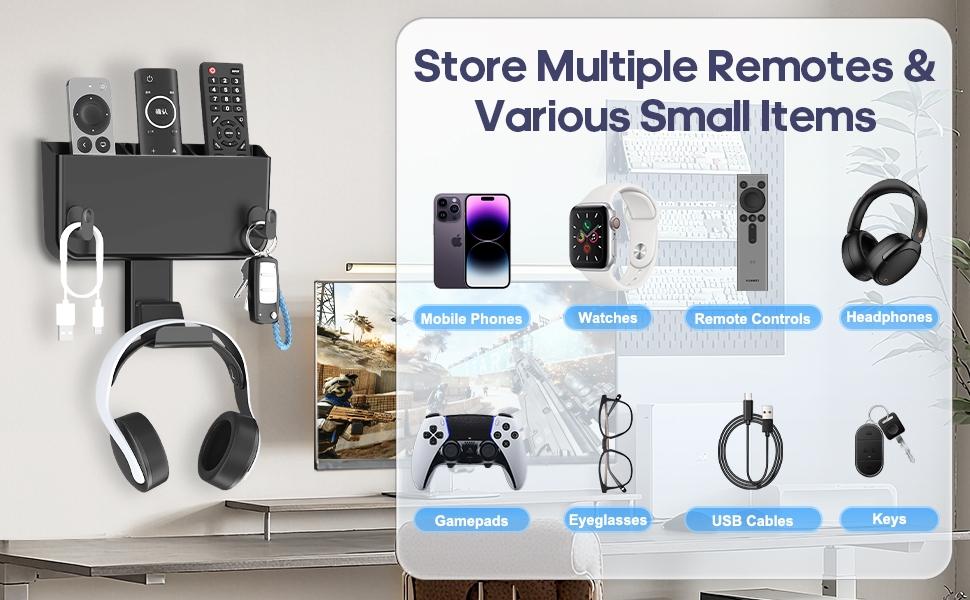 Adhesive Remote Control Holder Wall Mount with Headset Hanger, 3 in 1 Organizer TV/Fan Remote Caddy with Hook for Headphone, No Drill Controller Storage Bracket, Bed Wall Rack