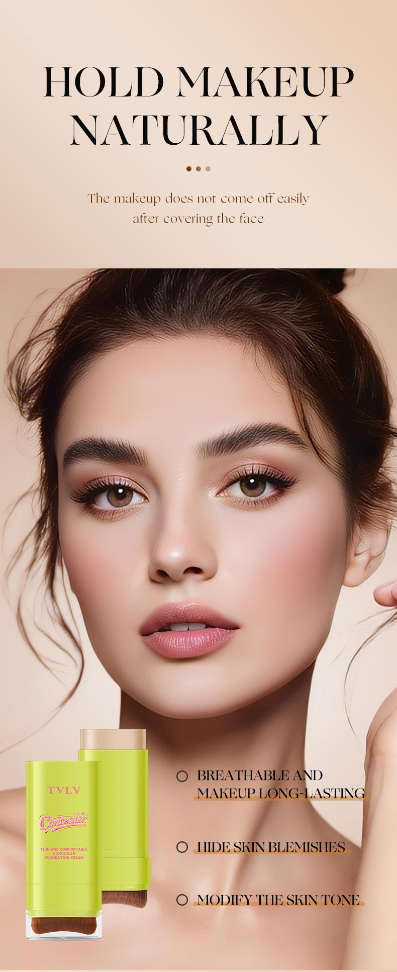2-in-1 Concealer Foundation Stick with Built-in Brush, Long-Lasting Waterproof Matte Full Coverage, Crease & Sweat-Proof, Compact Portable, Includes Free Makeup Brush, Ideal for Daily & Party Use