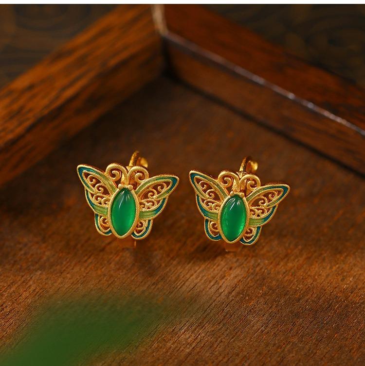 Jade earring ,retro and elegant butterfly ,for rich for charmful ,green nateral jade  ,For Women Jewelry Gifts,Green Sterling Silver
