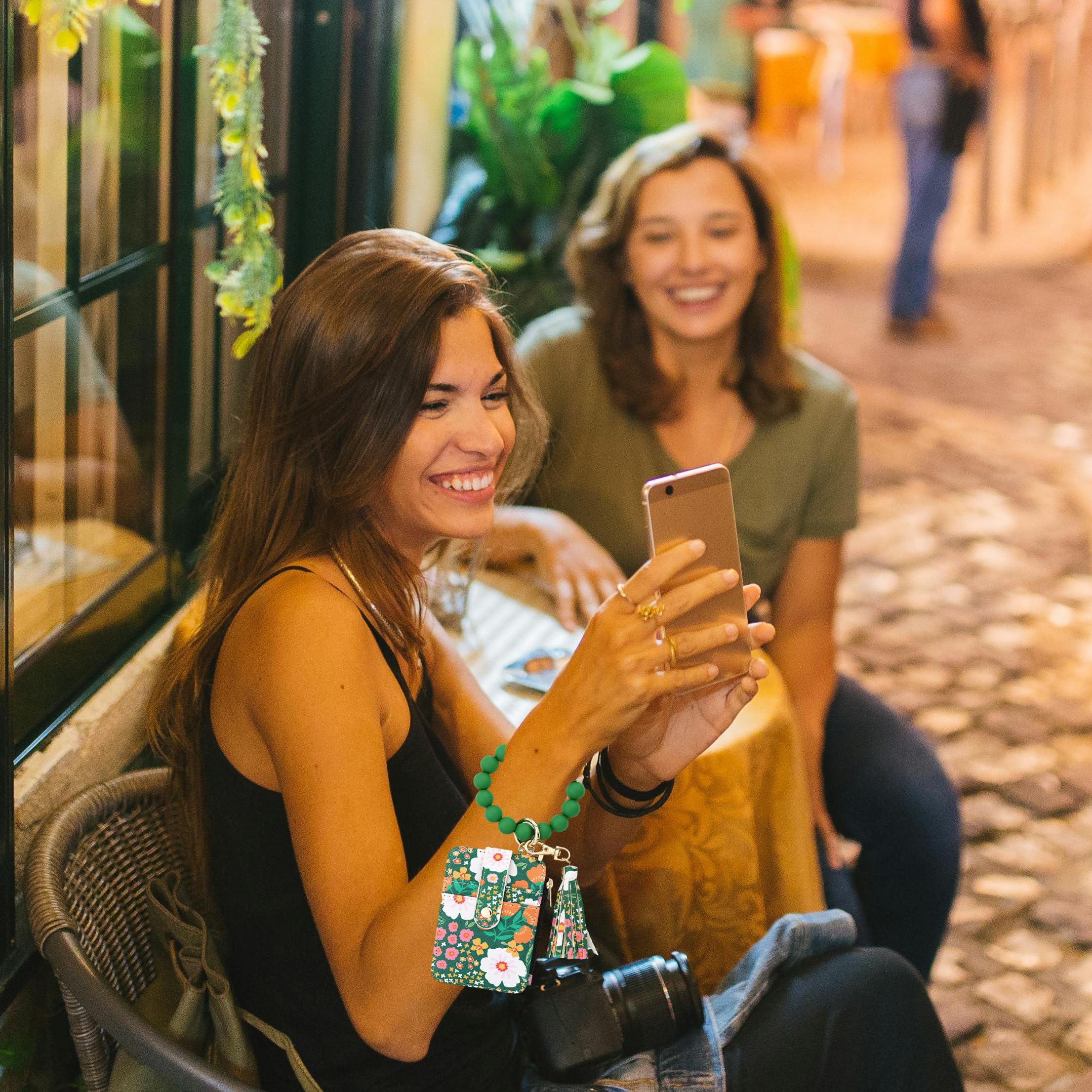 Wristlet Keychain Card Wallet – Silicone Beaded Wristlet with Card Holder, Tassel & Key Ring, Black / Mint Green / Floral Dark Green