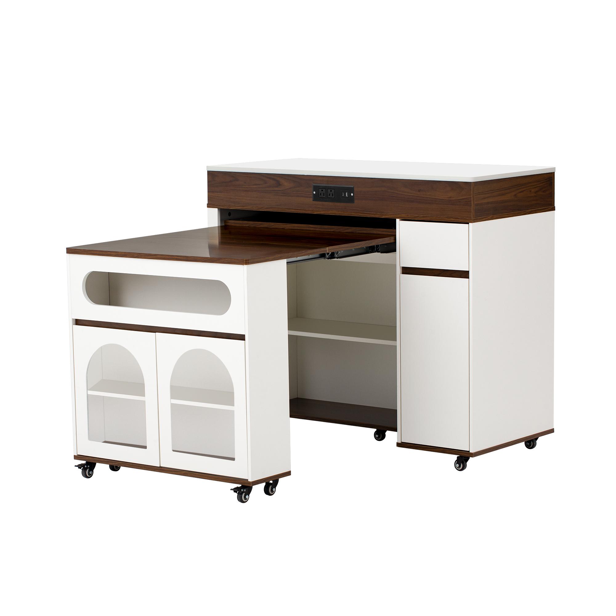 TREXM Extendable Dining Table with Extra-Long Folding Top Rolling Kitchen Island with Drawers Power Outlet Brake Lock Storage Cabinet for Kitchen Dining Room Walnut Creamy White Combo Item TREXM Extendable Dining Table with Extra-Long Folding Top Rolling Kitchen Island with Drawers Power Outlet Brake Lock Storage Cabinet for Kitchen Dining Room Walnut Creamy White Combo Item