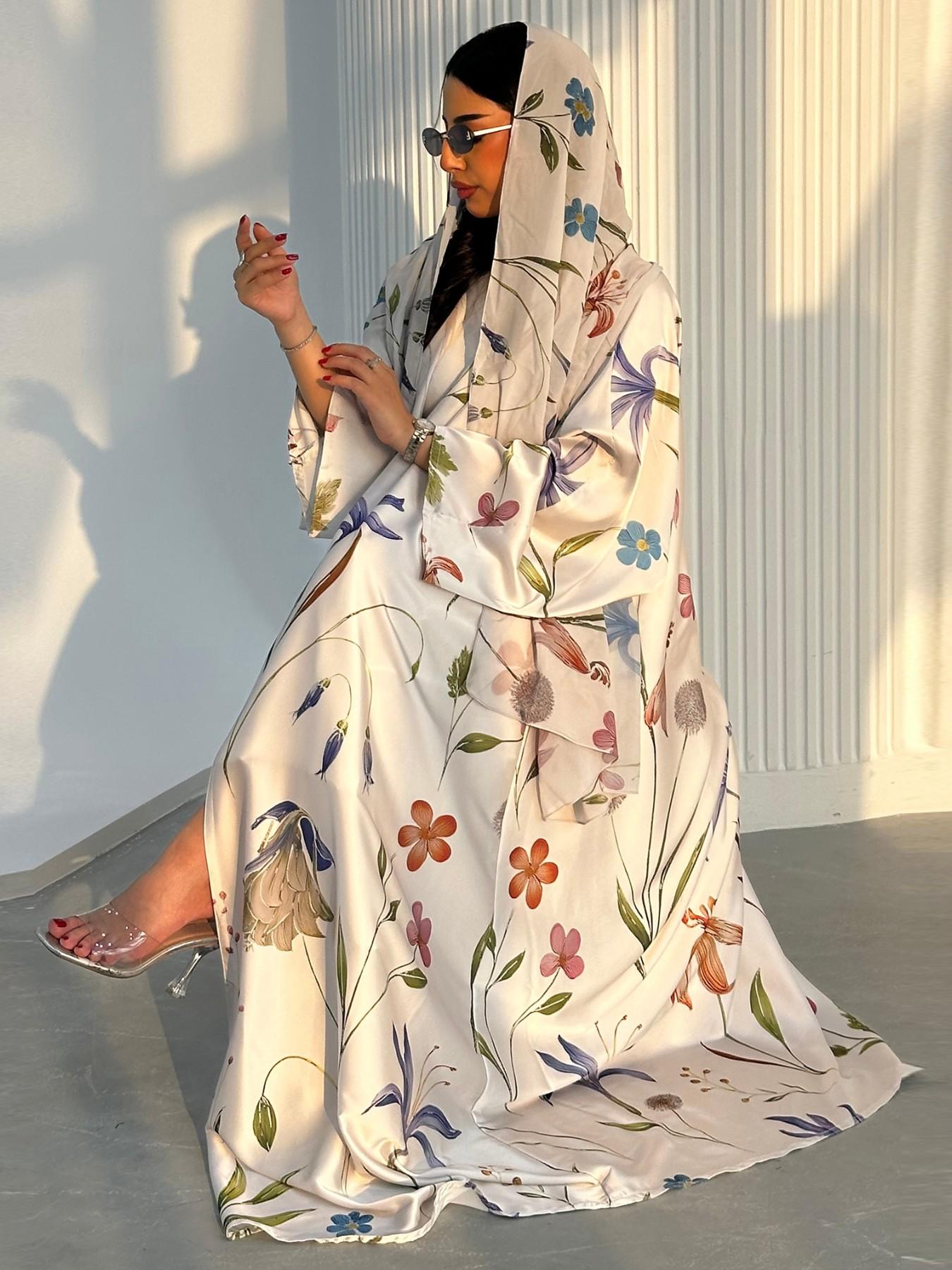 New Muslim Women's Loose Fit Open Front Robe, Printed Two-Piece Set with Headscarf, Casual Daily Wear, Comfortable and Stylish, Floral Abaya Set, Islamic Abaya, Muslim Clothing