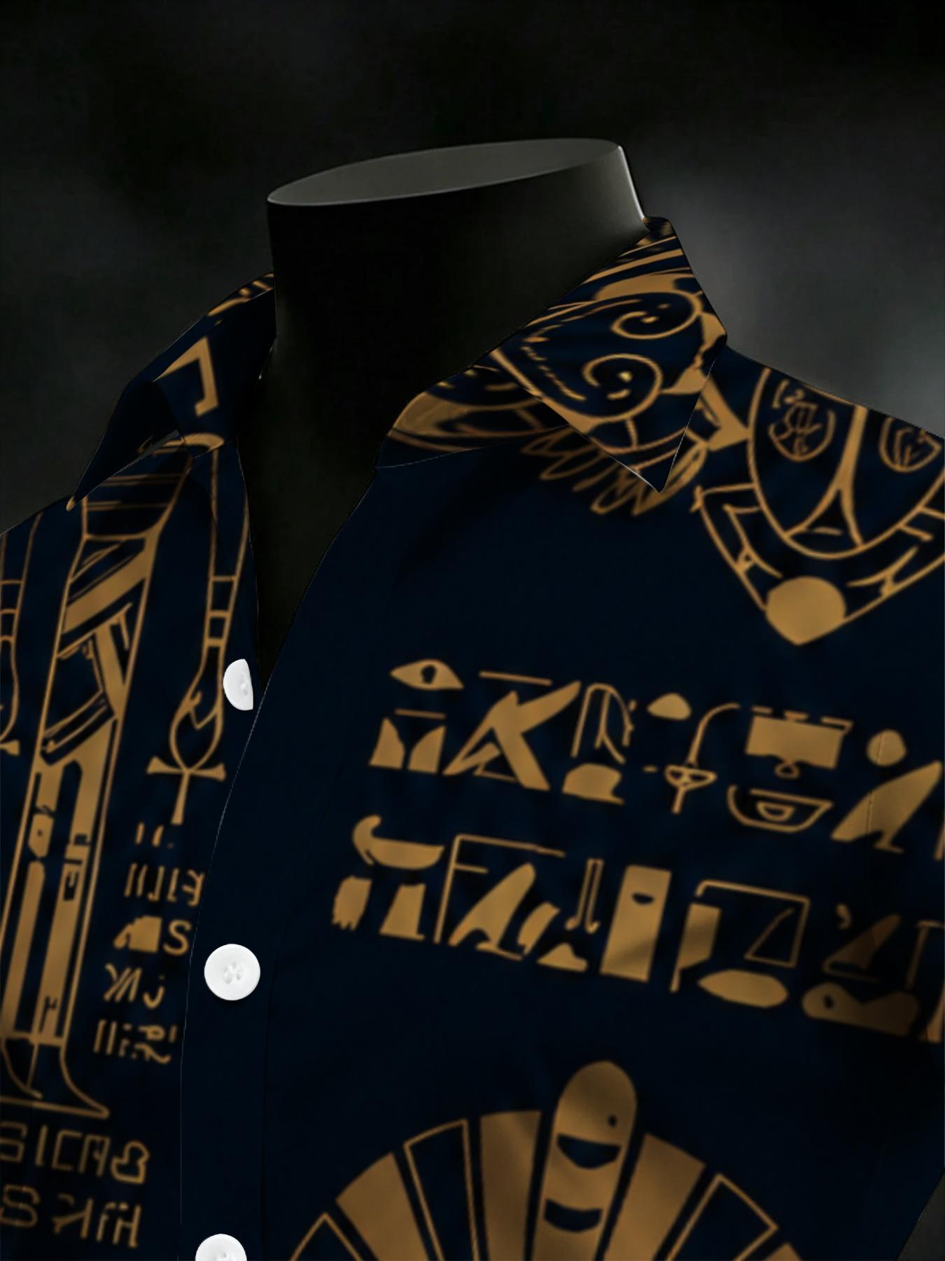 Men's Egyptian Pharaoh Totem Long Sleeve Shirt, Dark Blue Base with Gold Printing, Fashion Casual Loose Lapel Top, Retro Exotic Pattern Design, Daily Commuting Versatile Style Suitable for leisure and sports scenarios