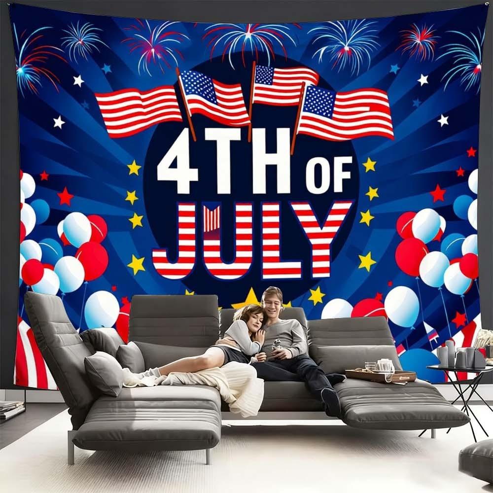 1PC Independence Day themed tapestry for enhancing home atmosphere perfect for bedrooms and living rooms ideal for gatherings and celebrations wall decoration featuring vibrant stars stripes flags and fireworks background fabric adding festive vibes to an