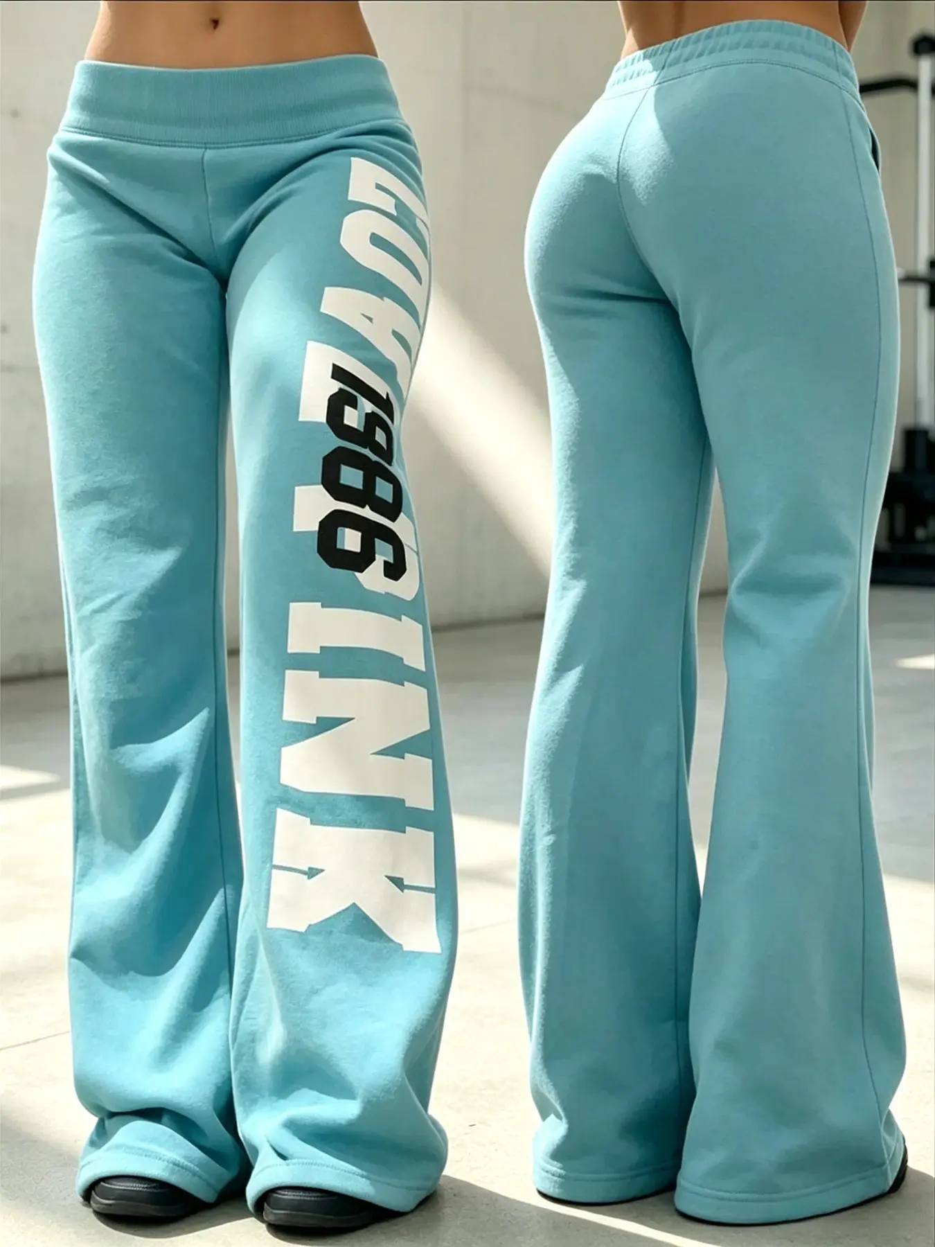 American Vintage Letter Print Micro Flare Sweatpants for Women, Loose Waist, Soft Drape, Conceals Fat, Trendy Side Letters, Perfect for Gym & Leisure, Flare Leg Sweatpants