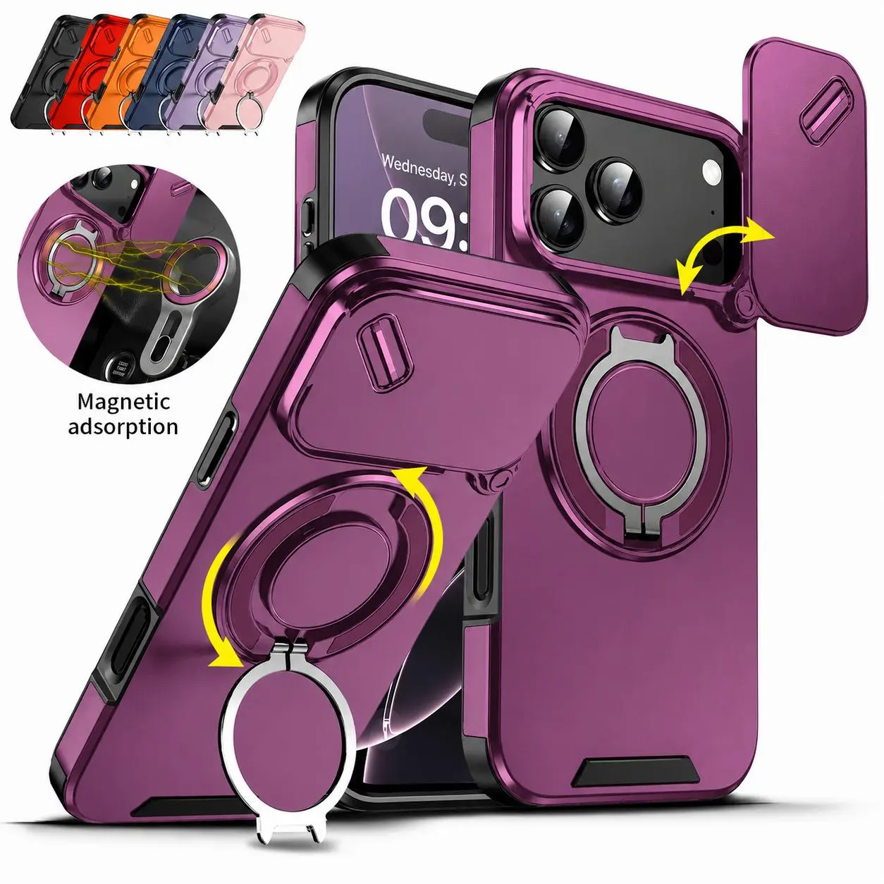 OREKROY Case For iPhone 18 Pro Max 18Pro 17 Pro Max 17 Air 17 16 15 14 Plus 13 12 with Slide Camera Lens Protection Cover,360 Rotating Ring Kickstand MagSafe Magnetic Holder Military Grade Shockproof Protective Phone Cover