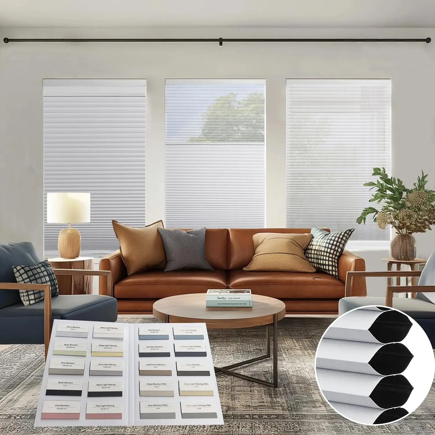 Day Night Cellular Shades Motorized Blinds with Remote   Shades, Top Down Bottom Up Double  Blinds Blackout&Light Filtering Fabric Sample Blinds 1" × 1"