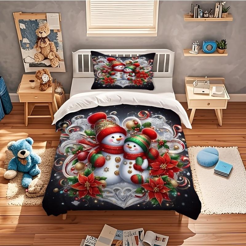 Christmas Theme Bedding Set, 3-Piece Snowman Pattern, Polyester Fiber, Fitted Sheet and Two Pillowcases, Universal Size