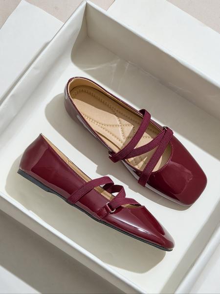 Women's Easy Slip-On Casual Trendy Flat Shoes, Wine PU Leather Square Toe Casual Ballet Flats, All Season Comfortable Wear-Resistant Design