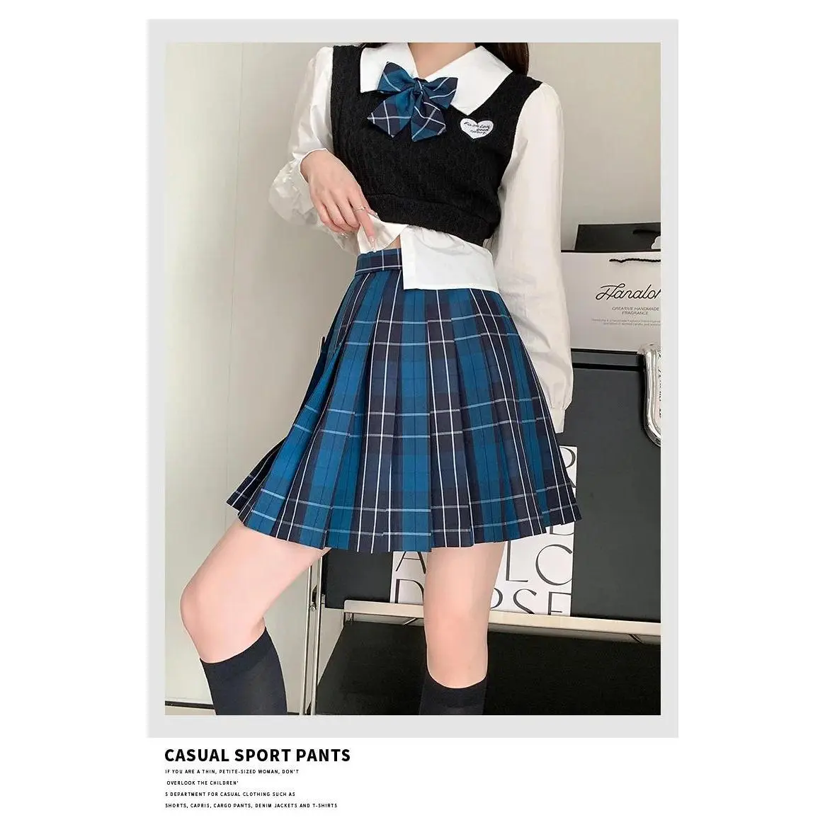Japanese college style jk plaid skirt pleated high waist blue student uniform skirts