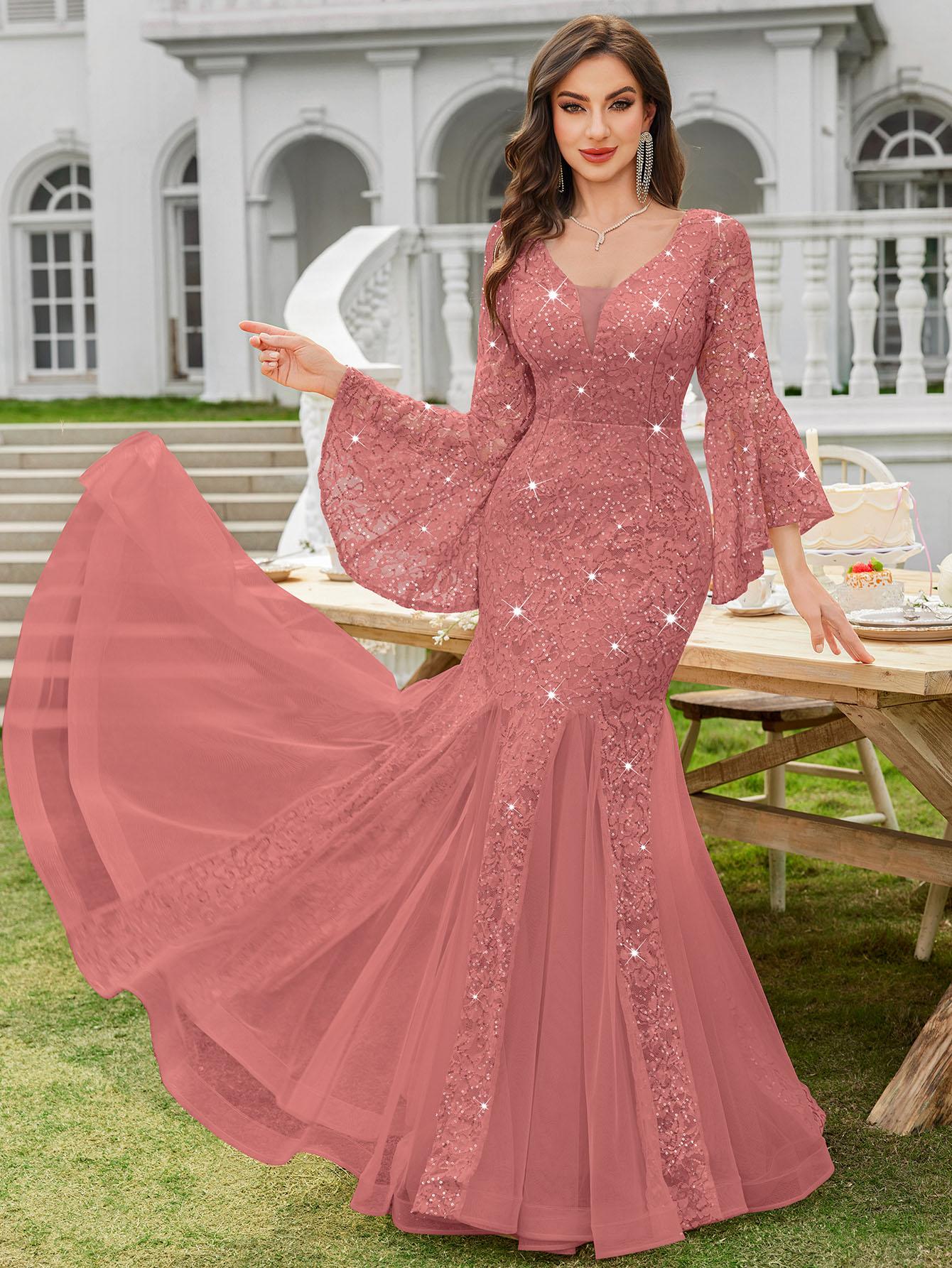 MIUSOL 24351A Women's Deep Vneck Sequin Lace Mesh Tulle Hem Long Sleeve  Formal Evening Maxi Dress for Cocktail Parties & Banquets, Party, Festival Womenswear