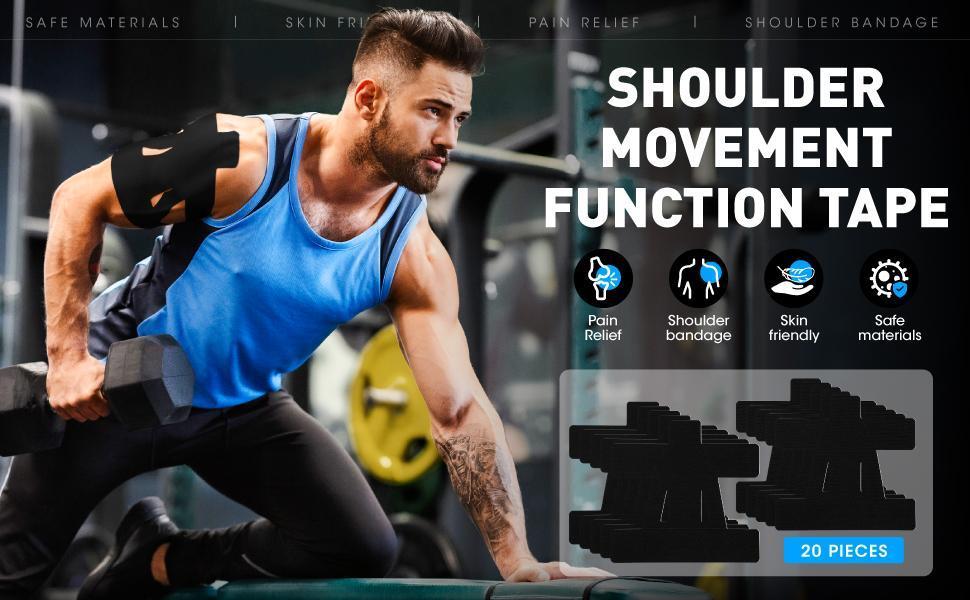 Pre‑Cut Kinesiology Athletic Tape for Shoulder Pain Relief & Support, Waterproof Breathable High‑Elastic Sports Muscle Tape, Ideal for Workout, Fitness Training, Injury Recovery & Daily Shoulder Care (Black)