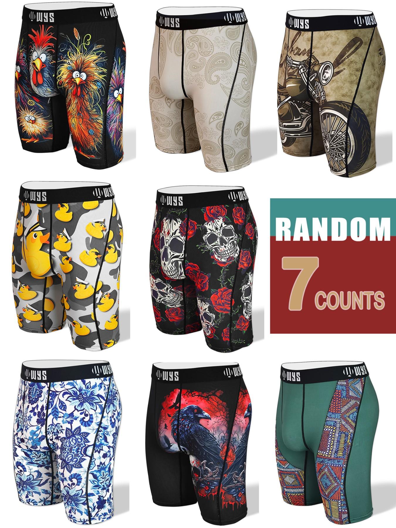 RANDOM-7PCS,Men's 7-Pack Long Brief Underwear, Boxer Briefs, Moisture-Wicking, Anti-Chafing, Quick-Dry, Sporty, Halloween Prints, Comfortable, All Seasons