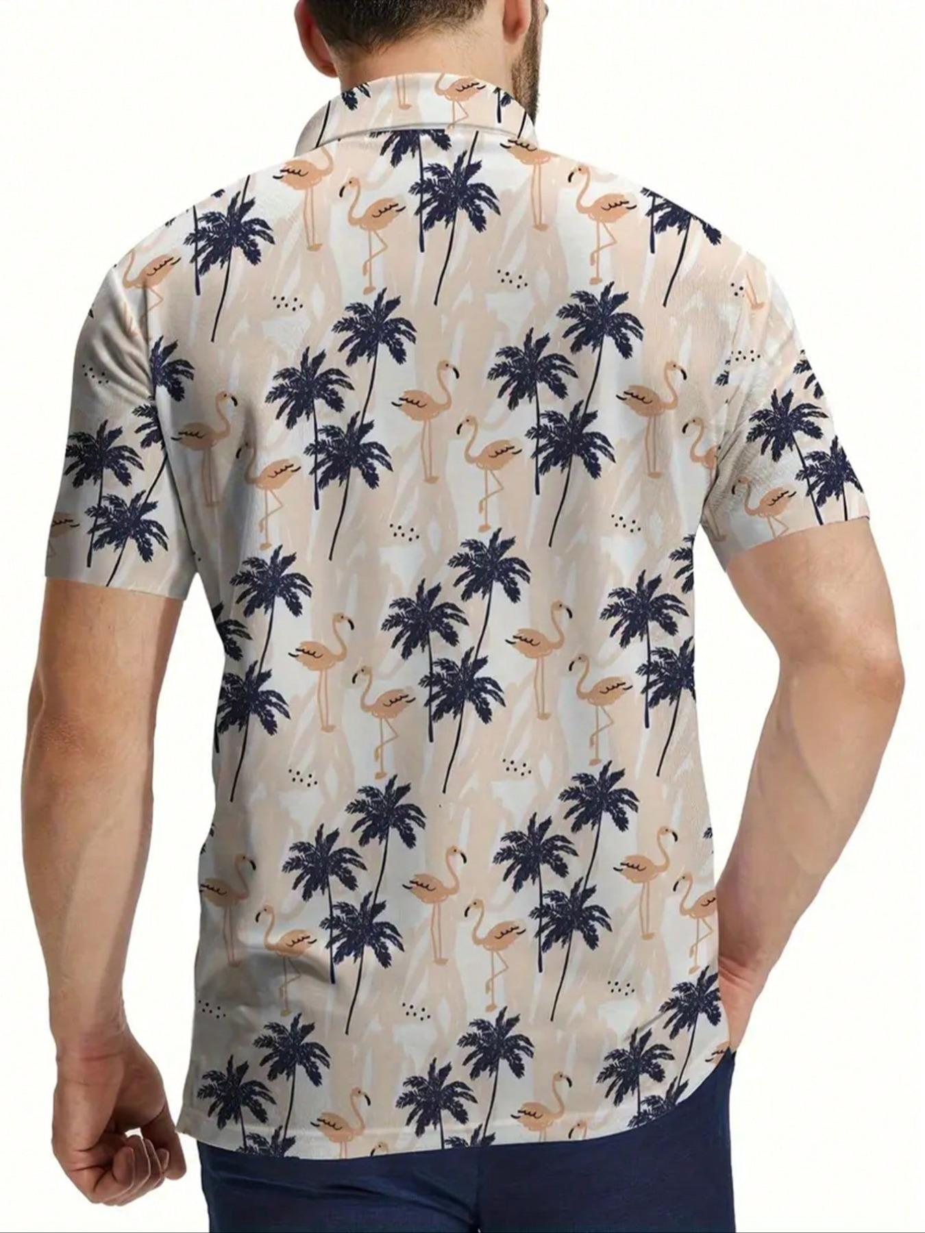 Men's Tropical Palm Tree Print Shirt, Short Sleeve Button Front Casual Summer Golf & Beach Wear, Base Blue Accents, Casual Outdoor Shirt