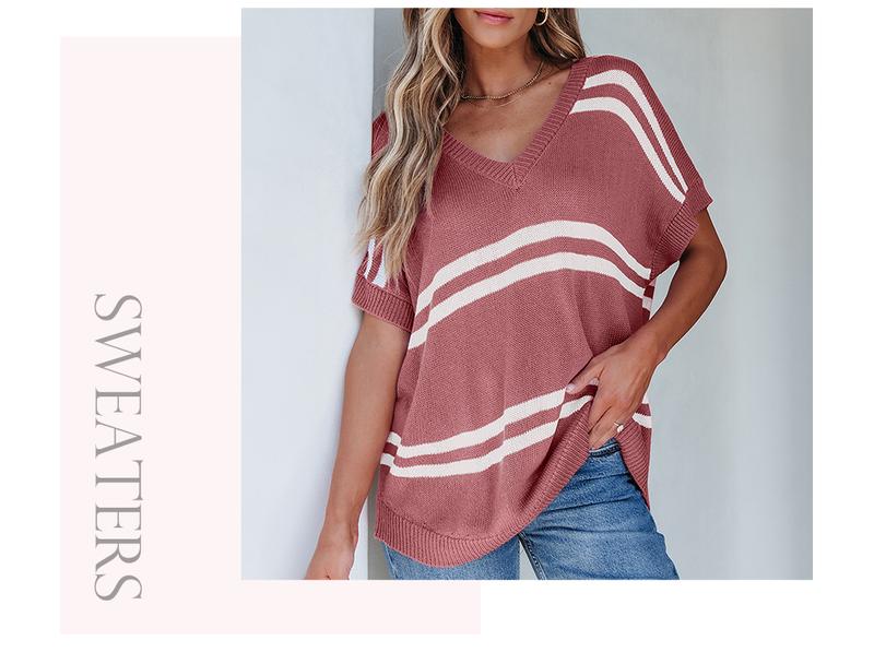Shewin 2026 Spring/Summer Women's Oversized Knit Sweater Pullover Cozy Striped Crewneck Batwing Sleeve Stretchy Acrylic Top