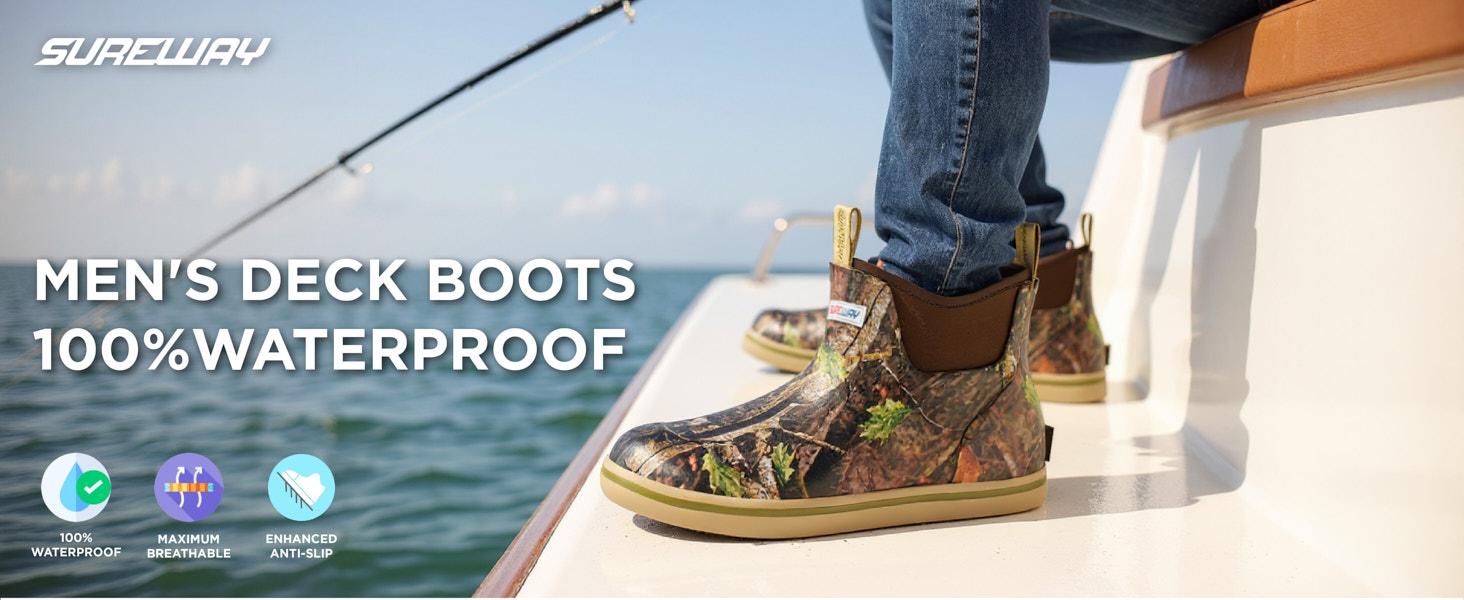 SUREWAY Men's Deck Boots Professional Non-Slip Fishing & Ankle Boating Boot Waterproof Rain Boots, Lightweight Neoprene Rubber Deck Boots