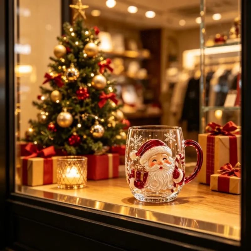 Handmade Christmas Glass Art Cup with Handle, Clear Glass Mug with Crystal Stickers, Festive Tableware, Perfect Christmas Gift