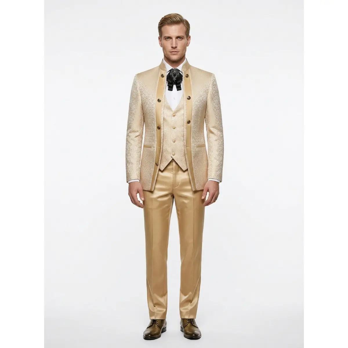 Premium 3-Piece Formal Suit | Mandarin Collar Design | Tailored Fit | Jacket Vest Pants | Metal Button Detail # mens English suit