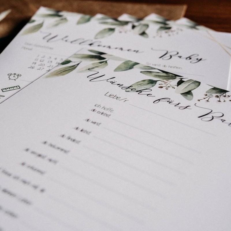 10 German Newborn Welcome Cards, Watercolor Leaf Baby Party Greeting Cards, Baby Birth Info Guessing Game, Interactive Paper