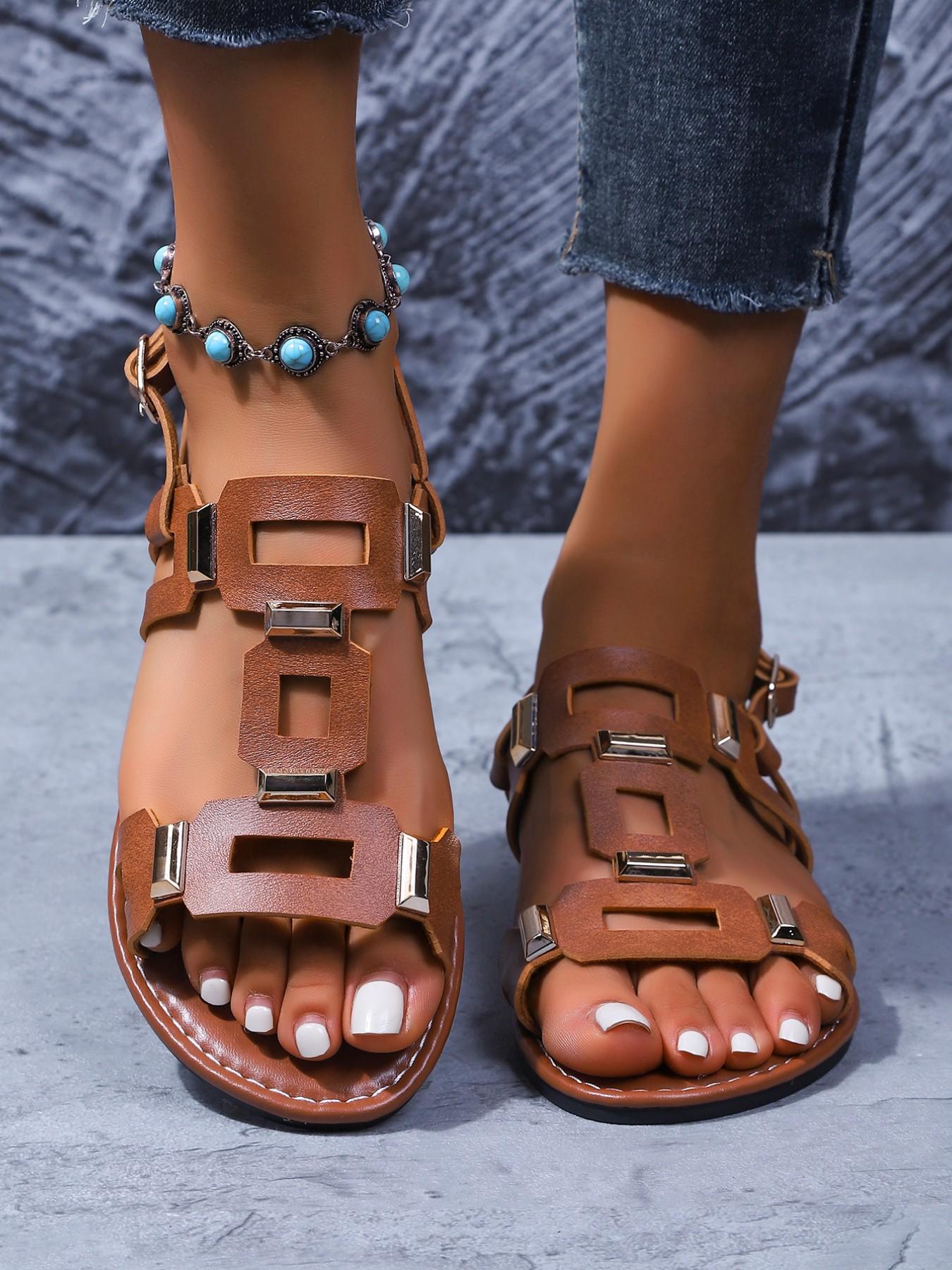 Women's Spring Summer Square Buckle Flat Sandals Footwear, Fashion Casual Style, Perfect for Everyday Daily Wear and Outdoor Activities