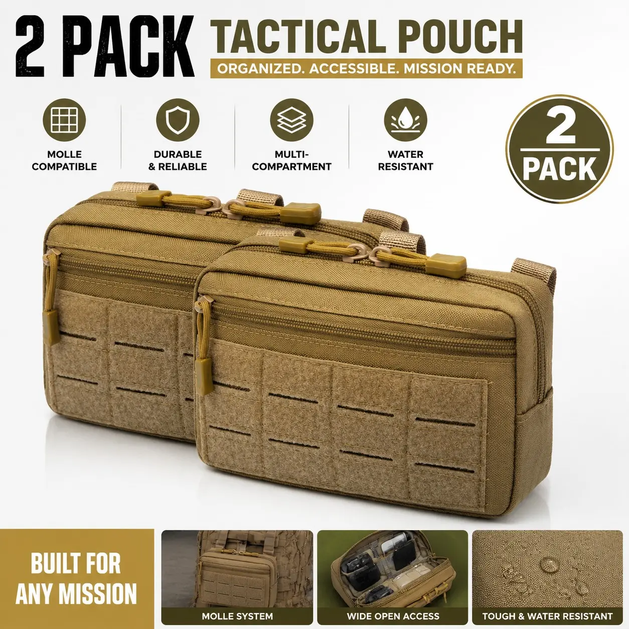 2 Pack Tactical MOLLE Pouches, 1000D Nylon Laser Cut Utility Pouch, Waterproof Compact Organizer Bag for Backpack, Duty Belt, Tactical Vest & Outdoor Gear