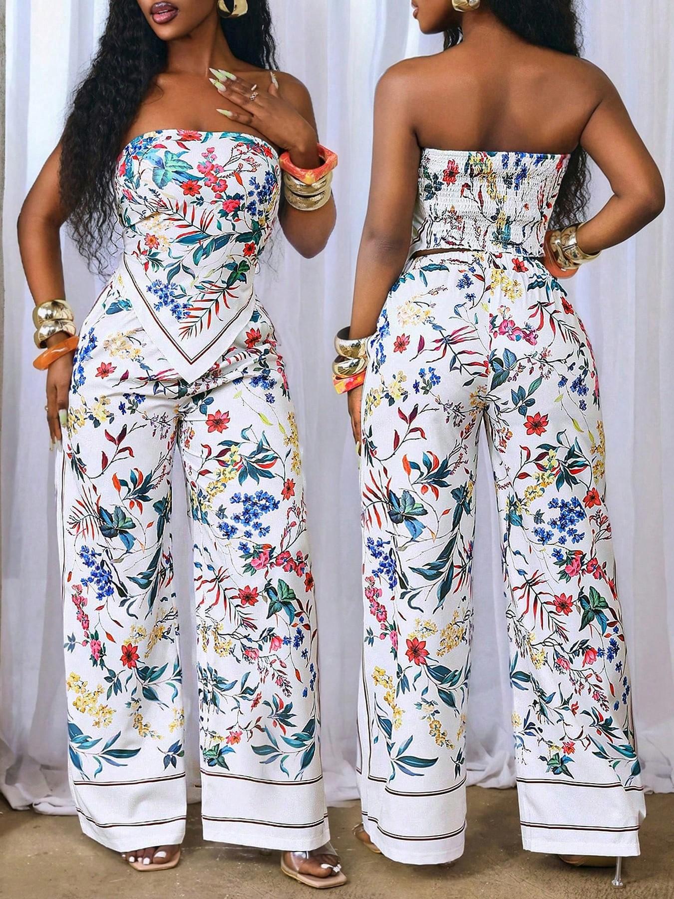 Women's 2-Piece Set Strapless Sleeveless Crop Top + Casual Long Pants, Floral Design, Essential for Daily Outings, Comfortable and Stylish