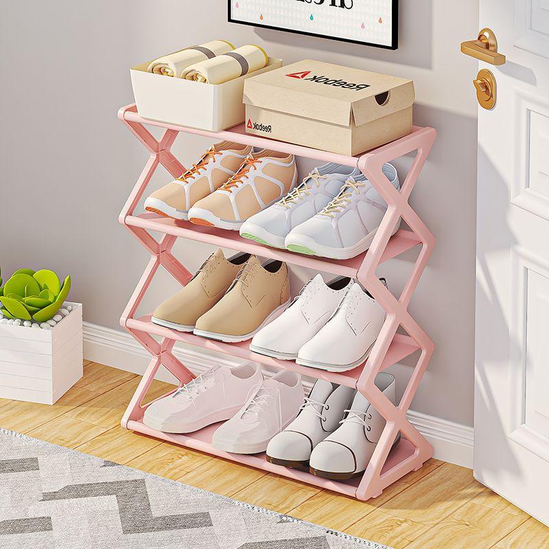4-Tier Self-Assembly Shoe Rack, Adjustable Multi-Purpose Storage Shelf for Shoes Plants Books, Room Organizer Metal X-Shaped Stand, Shoe Organization Rack