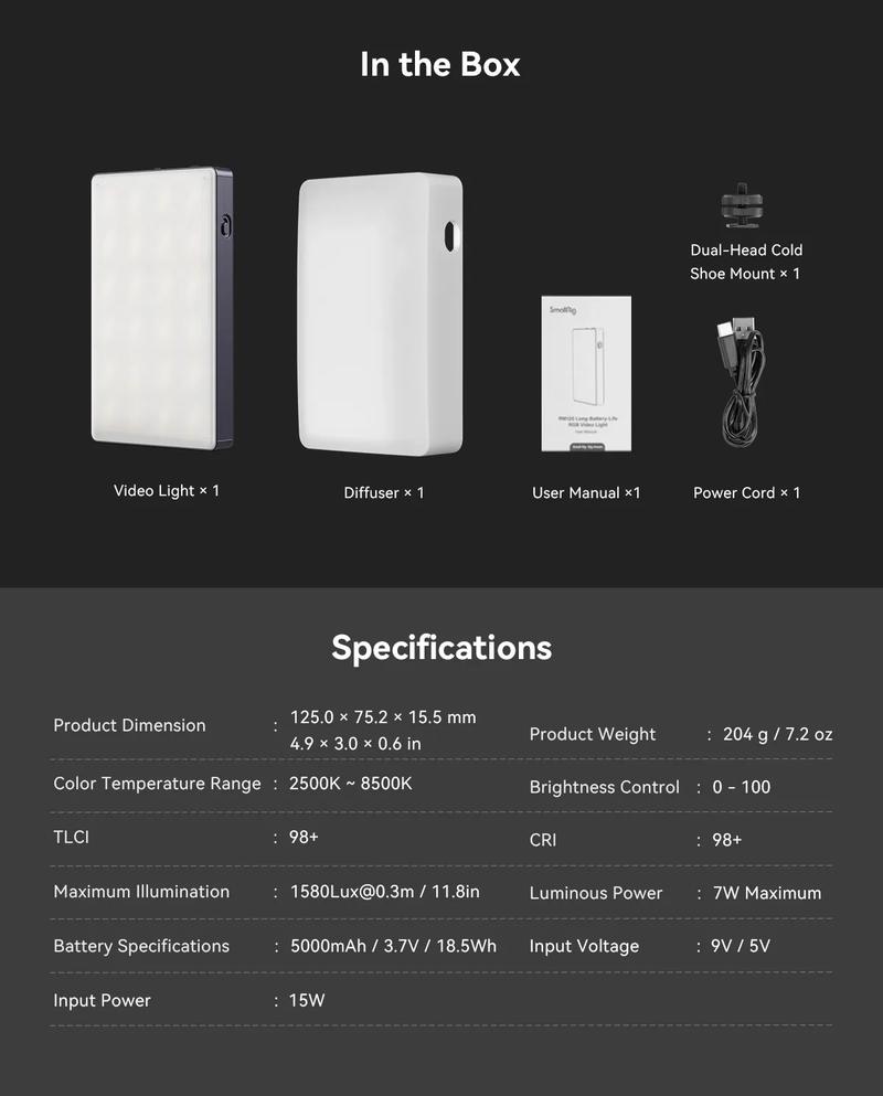 SmallRig RM120 RGB Video Light, 5000mAh 180 Minutes Portable Camera Light 7W Output Power, LED Video Light Panel, 2500-8500K CRI TLCI 98+ for TikTok, Content Creator, Photographer 3808