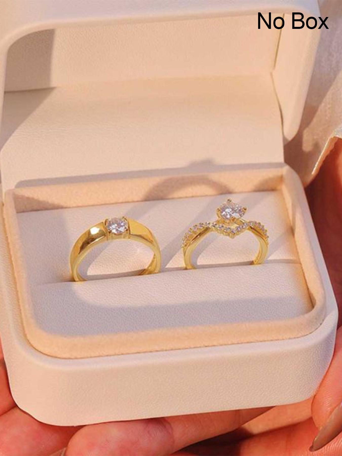 2 Piece Set Artificial Cubic Zirconia Wedding Rings, Adjustable Open Style Couple Engagement Rings, Perfect Casual Party Fashion Jewelry Gift