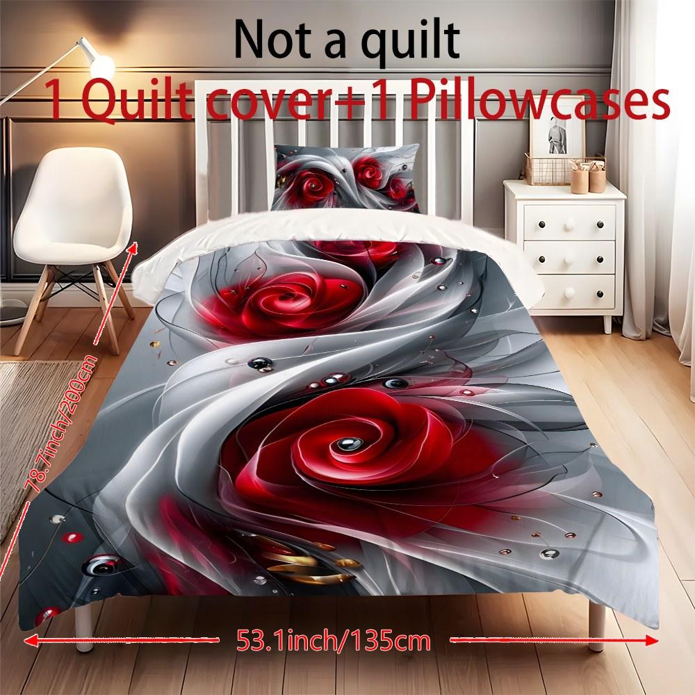 Three-piece bedding set - 2pcs/3pcs 2D Flat silver, white, and red rose abstract pattern duvet cover set (1 duvet cover + 1/2 pillowcases, no insert), multi-color printed bedding set, soft and comfortable, suitable for family bedrooms and guest rooms.