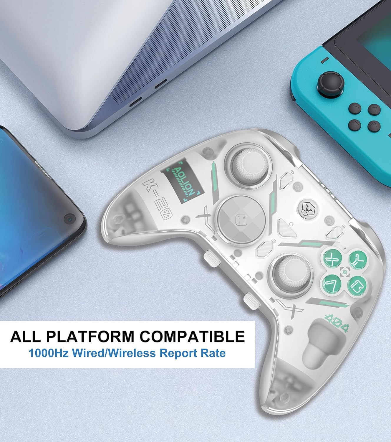AOLION K-20 Wireless Bluetooth Controller with Hall Effect Joystick Triggers RGB Lighting, 1000mAh Adjustable Multi-Platform Gamepad for PC Switch Android iOS White - Consoles Does not support XBOX PS