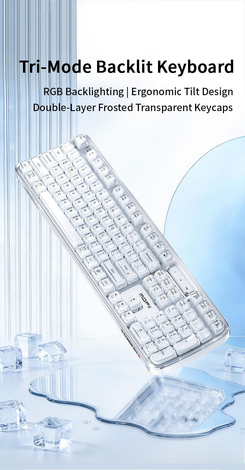 MOFii 708 RGB Backlit Full-Size Keyboard, Stylish White Transparent Keycaps, Tri-Mode Rechargeable, US Qwerty, Compatible with Phones & Tablets, Must-Have for Office & Gaming