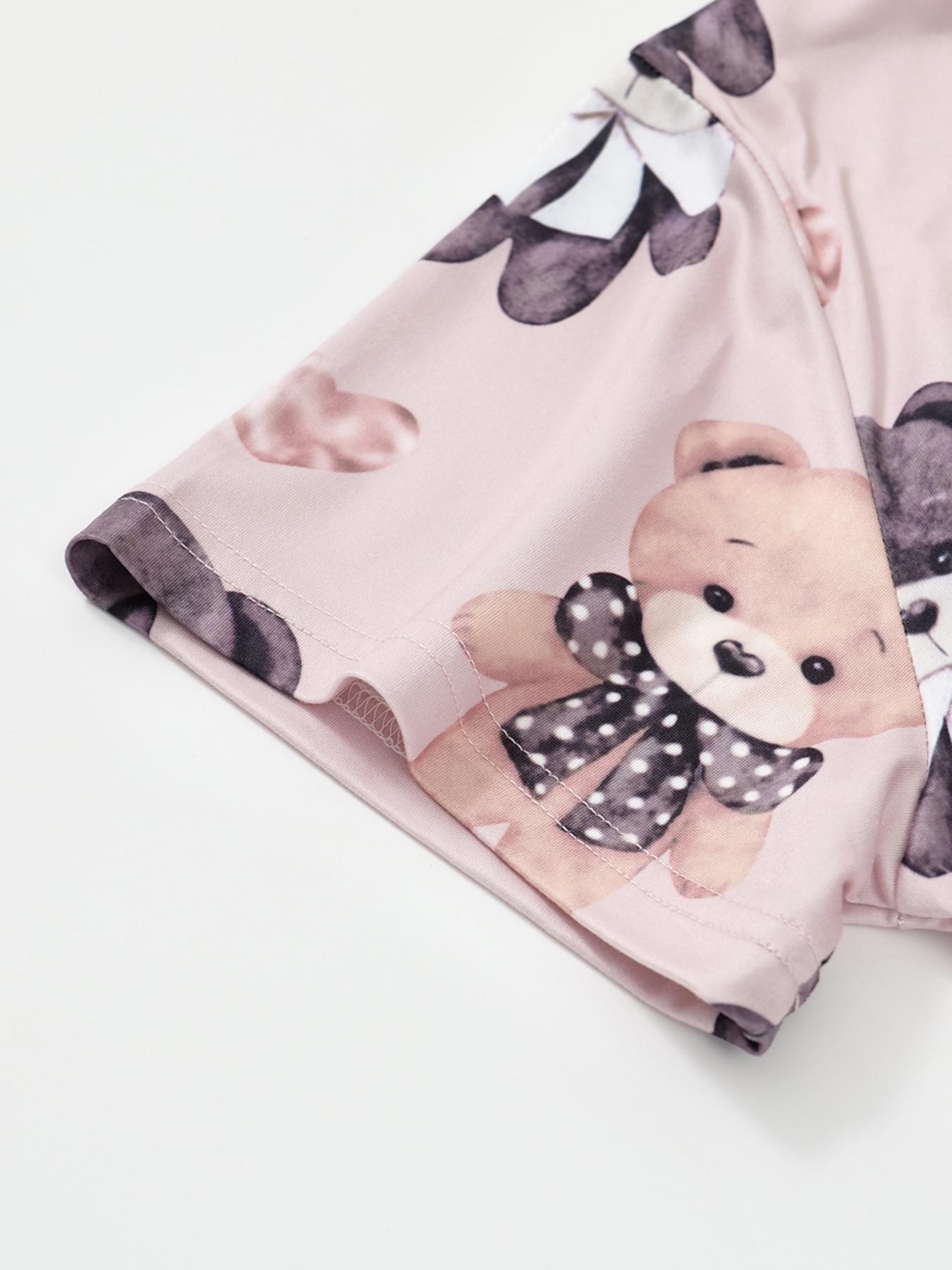 Women's Cartoon Bear Print Short Sleeve Tee & Pants Pajama Set, Casual Comfy Round Neck T-Shirt & Elastic Waist Trousers PJ Set, Loungewear Pajamas Set, Ladies Sleepwear for All Seasons