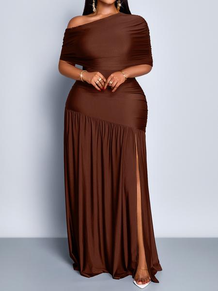 Fashion Party Women Dress Elegant Christmas Robe Solid High Waist Folds Spilt Hem Floor-Length Dresses Half Sleeve Slim Bodycon